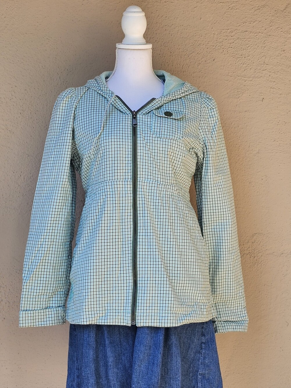 Roxy Green & White Checkered Lightweight Jacket W/ Adjustable Waist Sz Large